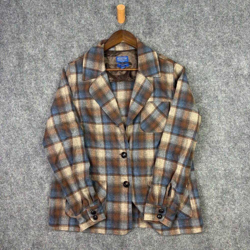 Pendleton Blazer Womens L Blue Brown Plaid Virgin Wool Archives Jacket Vintage